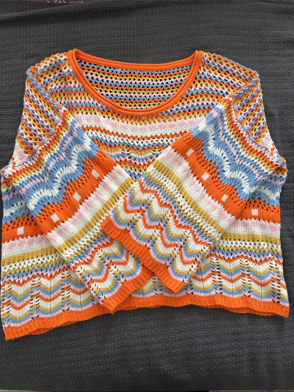 SHEIN Orange Multi-Color Crochet Scoop Neck Sweater